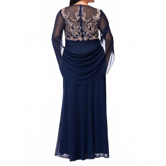 NEW BETSY & ADAM long sheer matte jersey cape back dress with applique in  navy/r